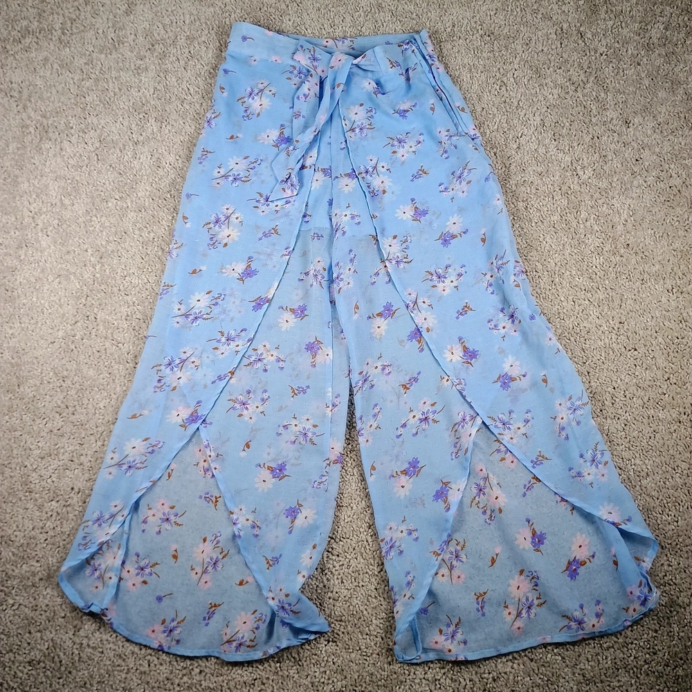 Rare Editions Floral Printed Yextured Chiffon Pants Girls Size 10 Blue